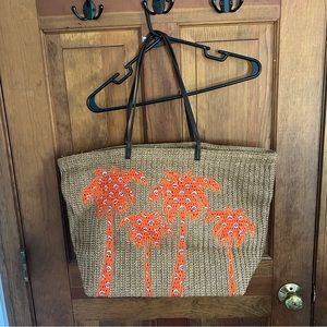 Vera Bradley Palm Trees Tote Beach Bag Woven Straw Orange w Brown Handles 20x13"